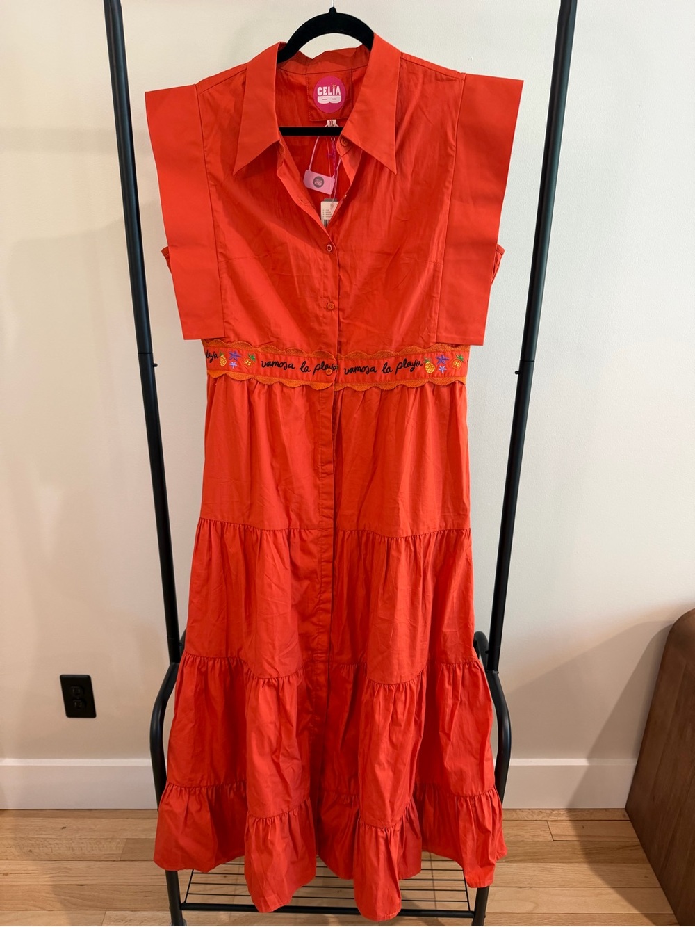 CeliaB Red Tiered Button-Front Dress with Embroidered Waist